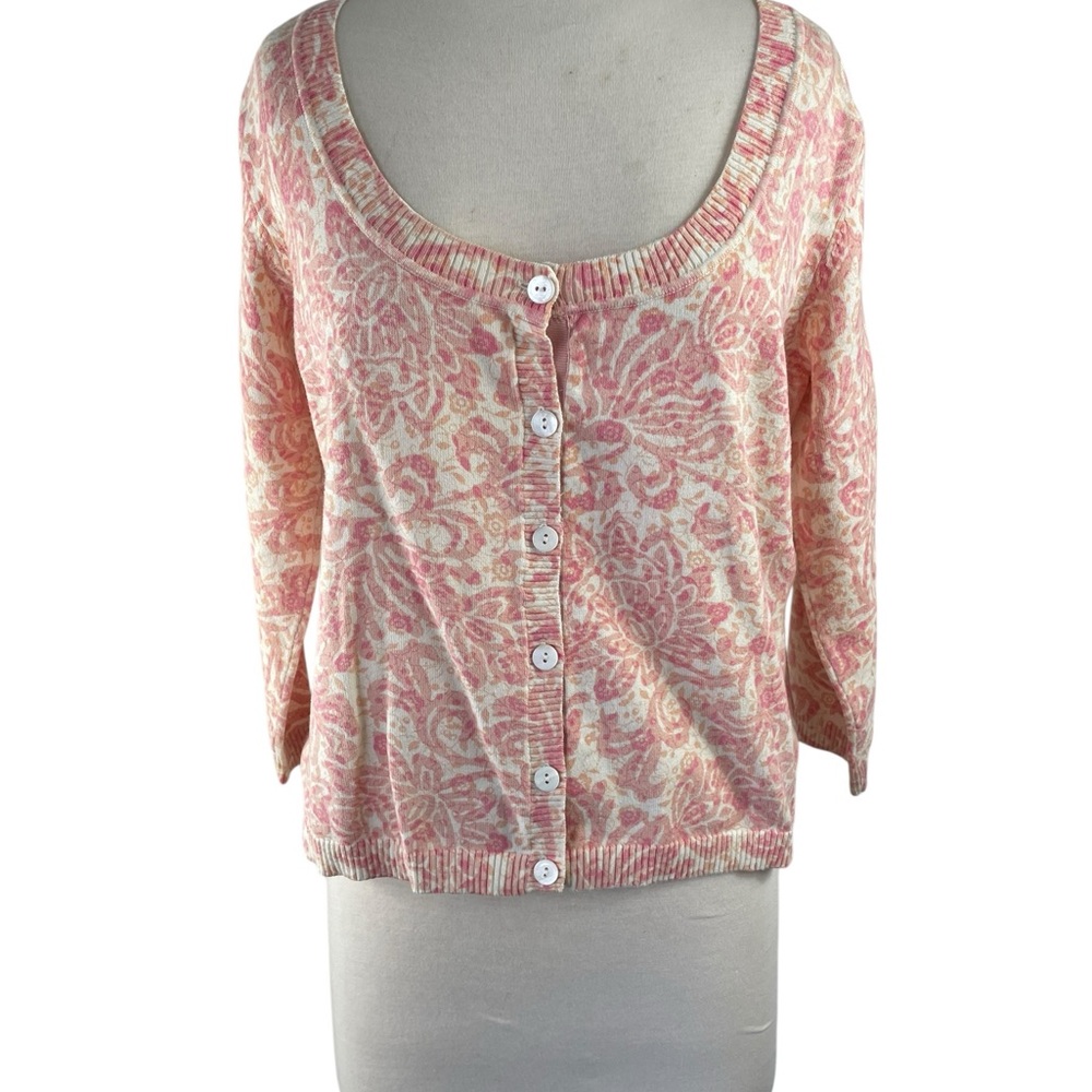 Axcess by Liz Claibore Pink Floral Button-Front Women's Scoop Neck Cardigan, L